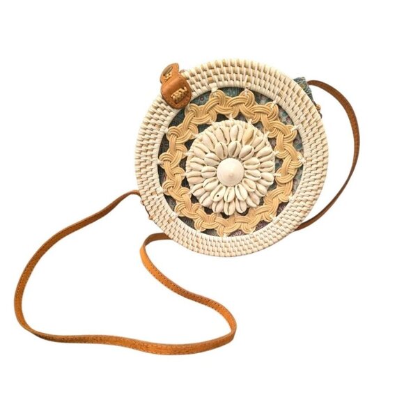 Unbranded Handbags - White Wicker Seashells Round Rattan Crossbody Purse Leather Strap Summer boho